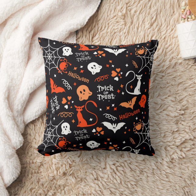 Spider Bat Cat Web Trick Ghost Spooky Halloween Throw Pillow (Blanket)