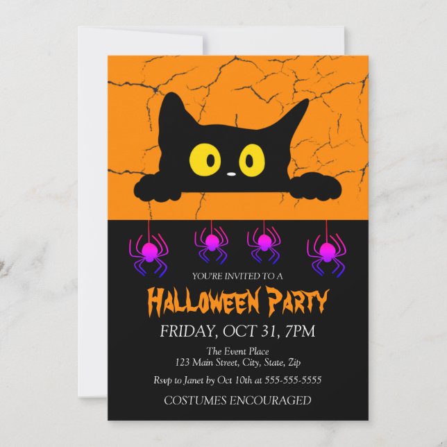 Spider Black Cat Costume Halloween Party Invitation (Front)