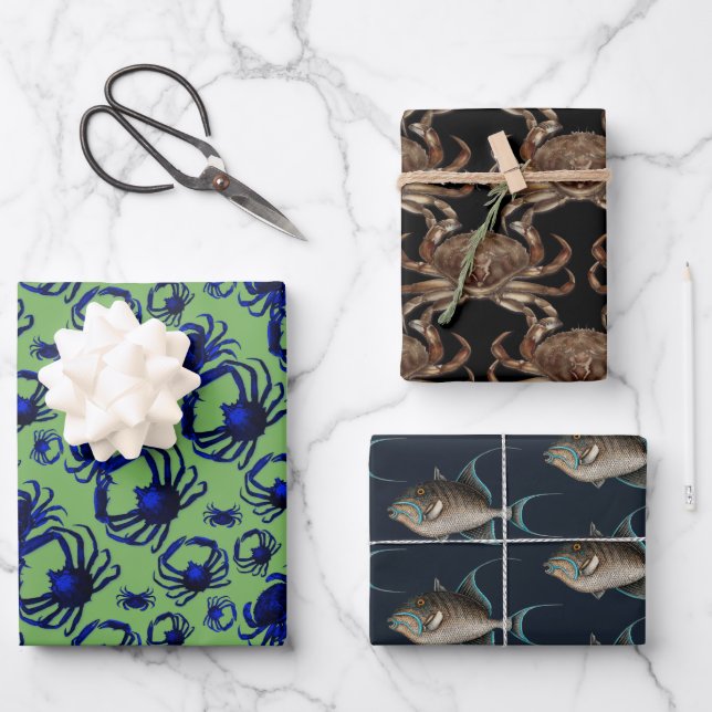 Spider Crabs Fish Patterned Wrapping Paper Sheets (Front)