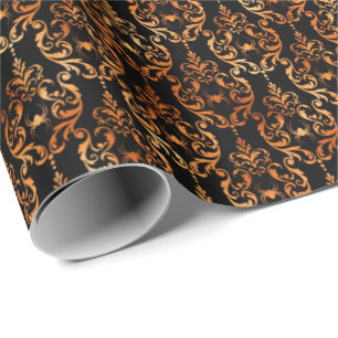 Spider Damask Copper Black Halloween Pattern Wrapping Paper