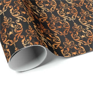 Spider Damask Copper Black Halloween Pattern Wrapping Paper