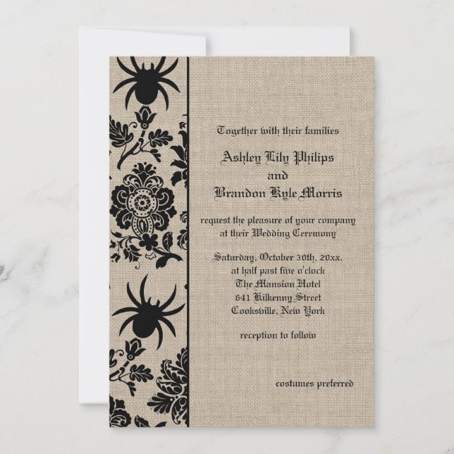 Spider Damask on Burlap Wedding Invitation (Front)