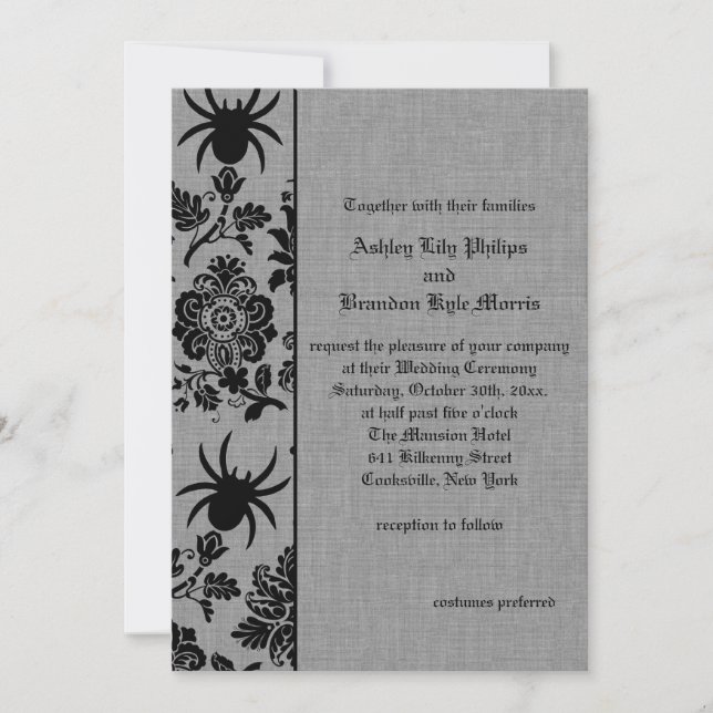 Spider Damask on Gray Linen Wedding Invitation (Front)