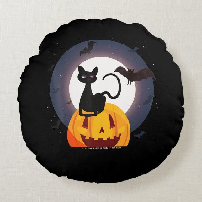 Spider Gift | Halloween Black Cat Spider Pumpkin Round Pillow (Front)