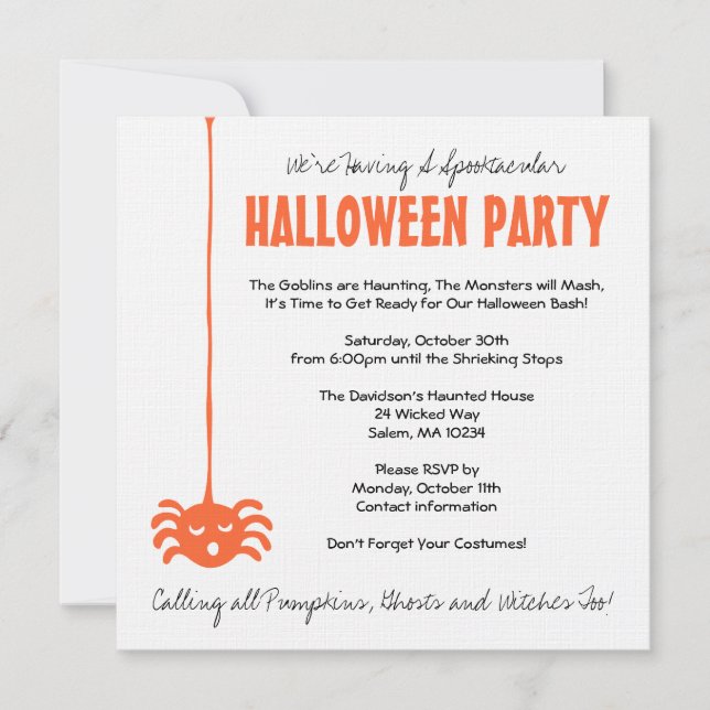 Spider Halloween Party Invite with Orange on Linen (Front)