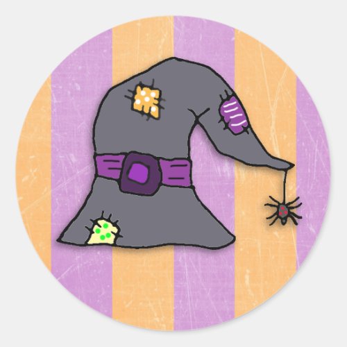 Spider hanging from Witchs Hat Halloween Classic Round Sticker