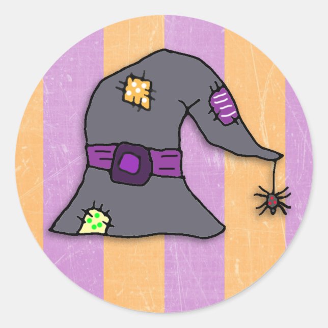 Spider hanging from Witch's Hat Halloween Classic Round Sticker (Front)