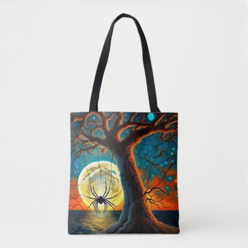 Spider in moonlight tote bag