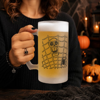 Spider in Web with Skull Frosted Glass Beer Mug