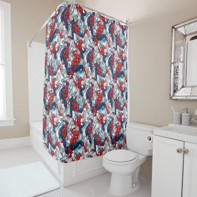 Spider-Man | Geometric Character Art Pattern Shower Curtain (In Situ)