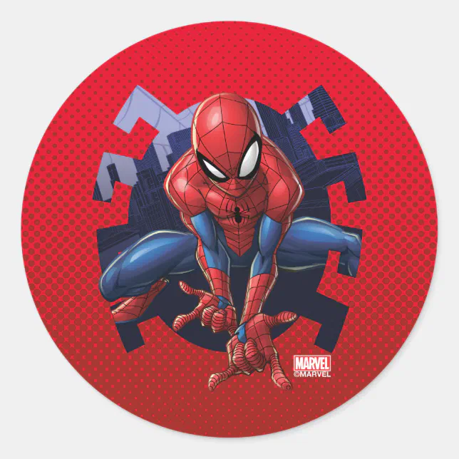 Spider-Man Leaping Out Of Spider Graphic Classic Round Sticker | Zazzle