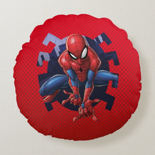 Spider-Man Leaping Out Of Spider Graphic Round Pillow (Front)