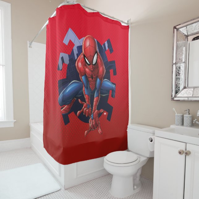Spider-Man Leaping Out Of Spider Graphic Shower Curtain (In Situ)