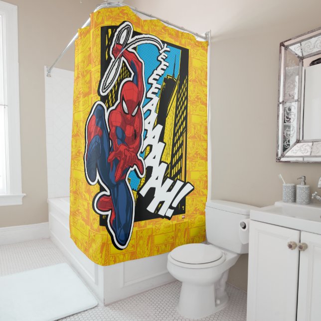 Spider-Man | Pop Art Web-Swinging Comic Panel Shower Curtain (In Situ)