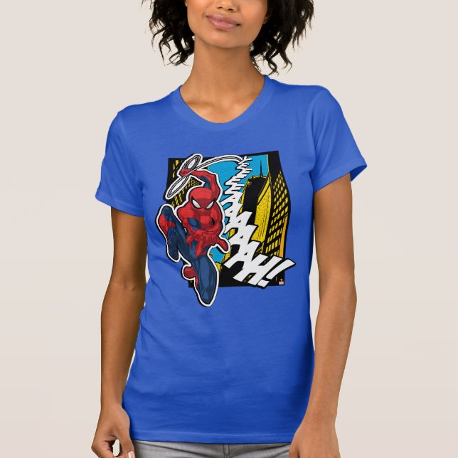 Spider-Man | Pop Art Web-Swinging Comic Panel T-Shirt (Front)