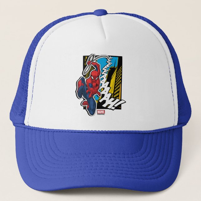 Spider-Man | Pop Art Web-Swinging Comic Panel Trucker Hat (Front)