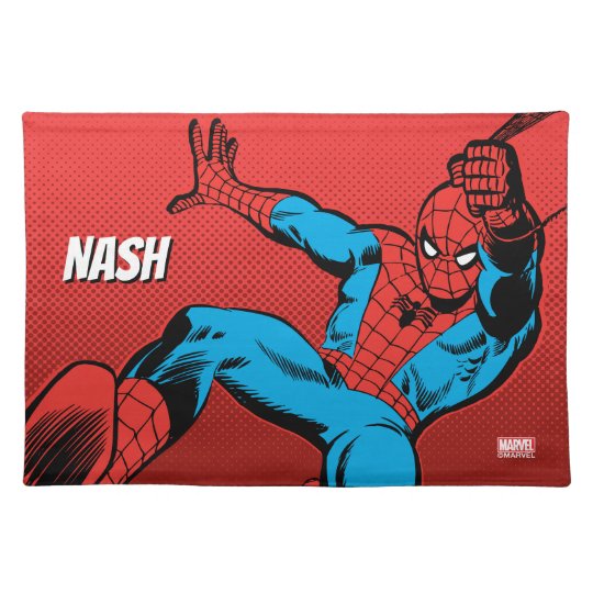 Spider Man Retro Swinging Kick Add Your Name Cloth Placemat Zazzle Com