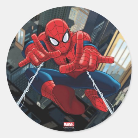 Spider-man Shooting Web High Above City Classic Round Sticker