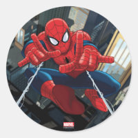 Spider-Man Shooting Web High Above City Classic Round Sticker