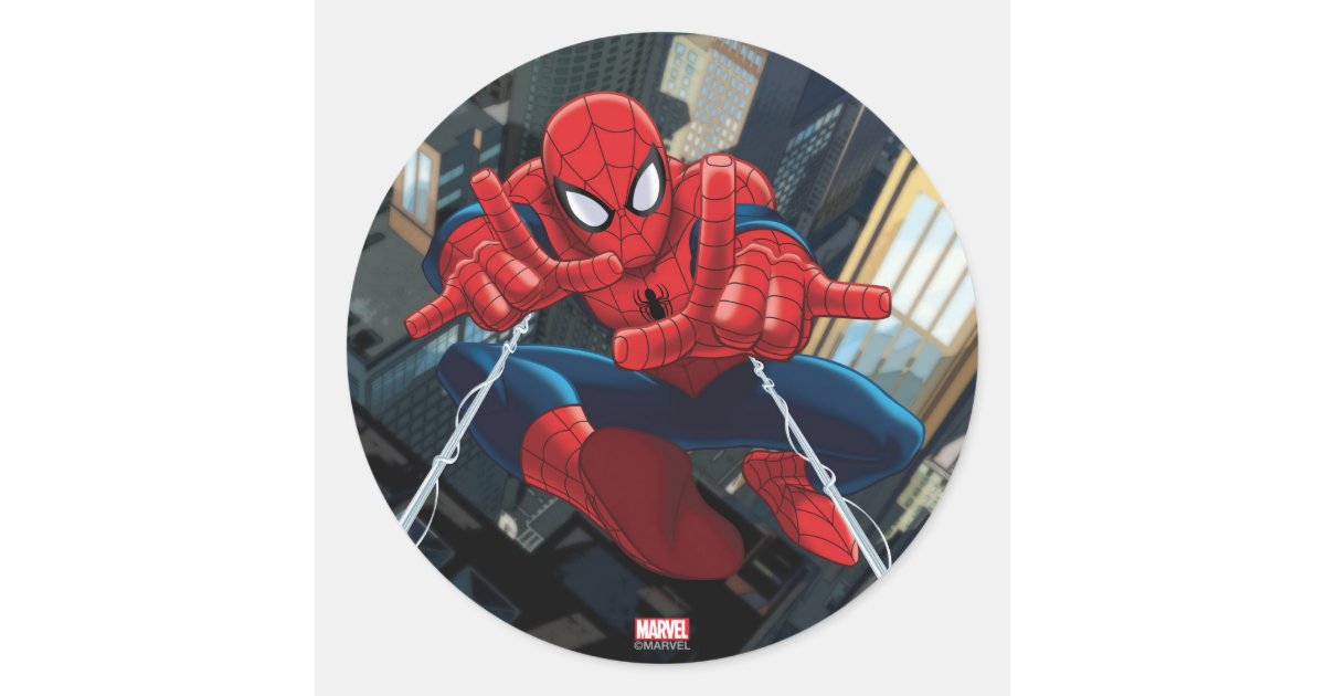 Spider Man Shooting Web High Above City Classic Round