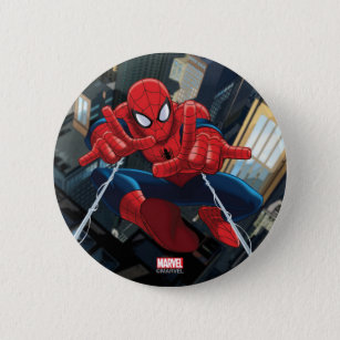 Spider-Man Shooting Web High Above City Pinback Button