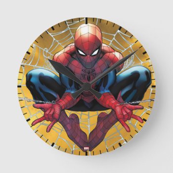 Spider-man | Sitting In A Web Round Clock by spidermanclassics at Zazzle