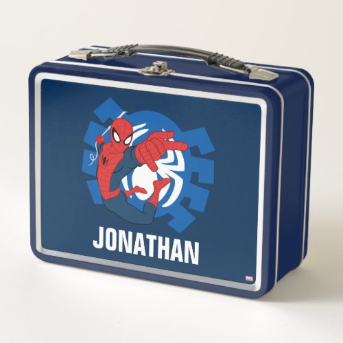 Spider_Man Swinging Over Blue Logo Metal Lunch Box