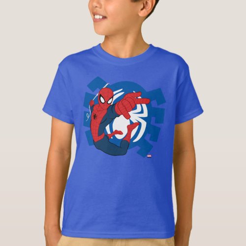 Spider_Man Swinging Over Blue Logo T_Shirt