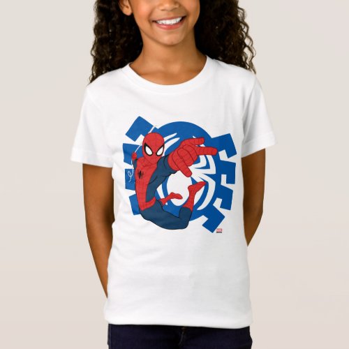 Spider_Man Swinging Over Blue Logo T_Shirt