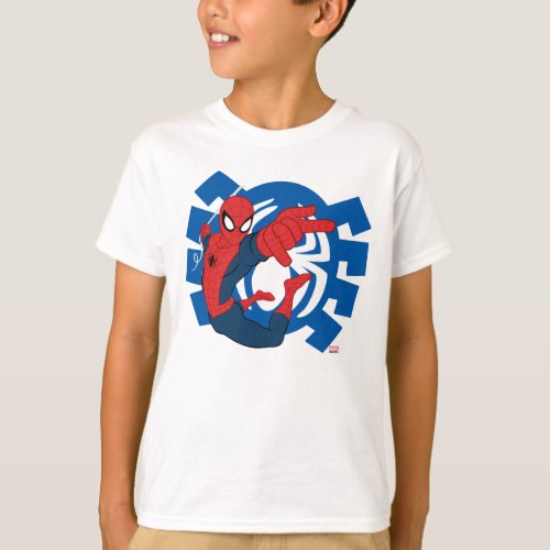 Spider_Man Swinging Over Blue Logo T_Shirt