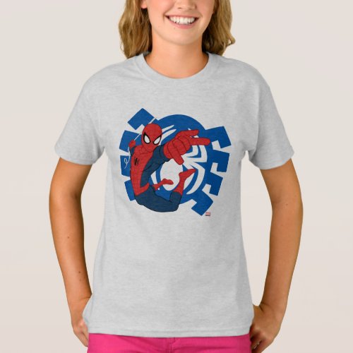 Spider_Man Swinging Over Blue Logo T_Shirt