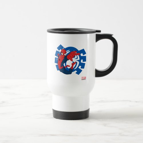 Spider_Man Swinging Over Blue Logo Travel Mug