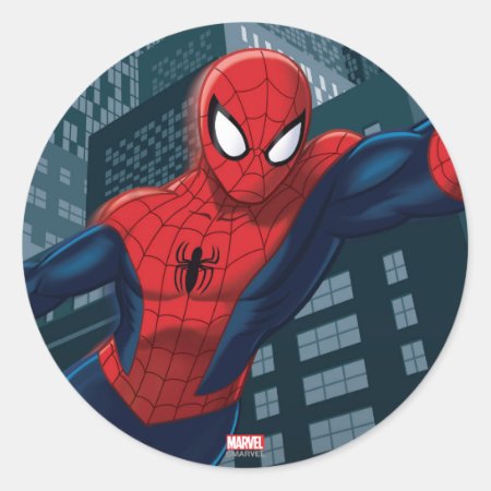Spider-man Swinging Through Downtown Classic Round Sticker