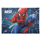 Spider-Man Retro Swinging Kick | Add Your Name Cloth Placemat | Zazzle
