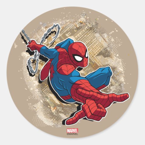 Spider_Man Web Slinging Above Grunge City Classic Round Sticker