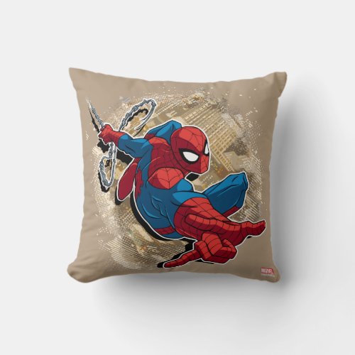 Spider_Man Web Slinging Above Grunge City Throw Pillow