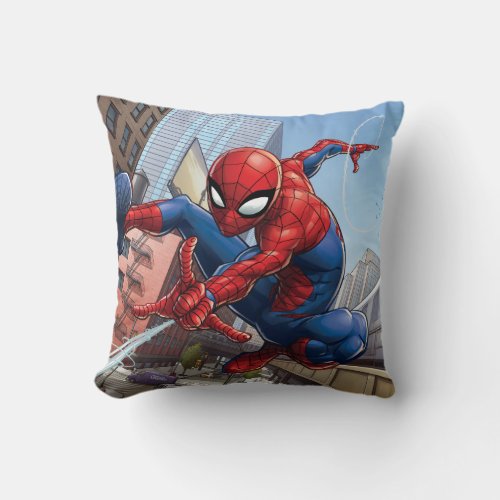 Spider_Man Web Slinging By Train Throw Pillow