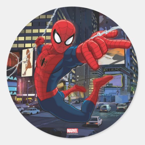 Spider_Man Web Slinging Through Traffic Classic Round Sticker