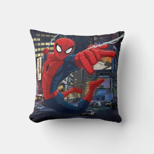 Spider_Man Web Slinging Through Traffic Throw Pillow