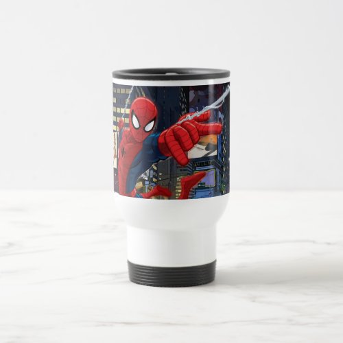 Spider_Man Web Slinging Through Traffic Travel Mug