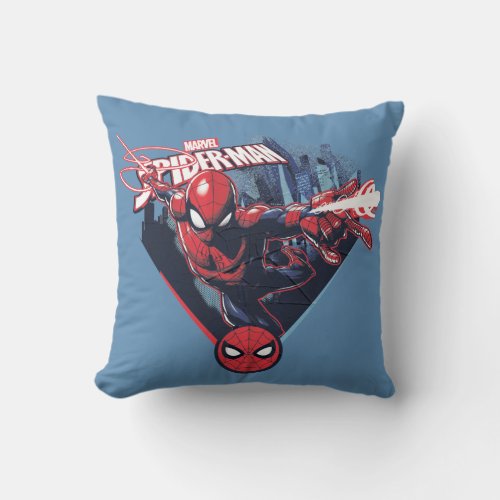 Spider_Man  Web_Swinging Over City Badge Throw Pillow