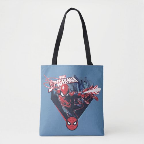 Spider_Man  Web_Swinging Over City Badge Tote Bag