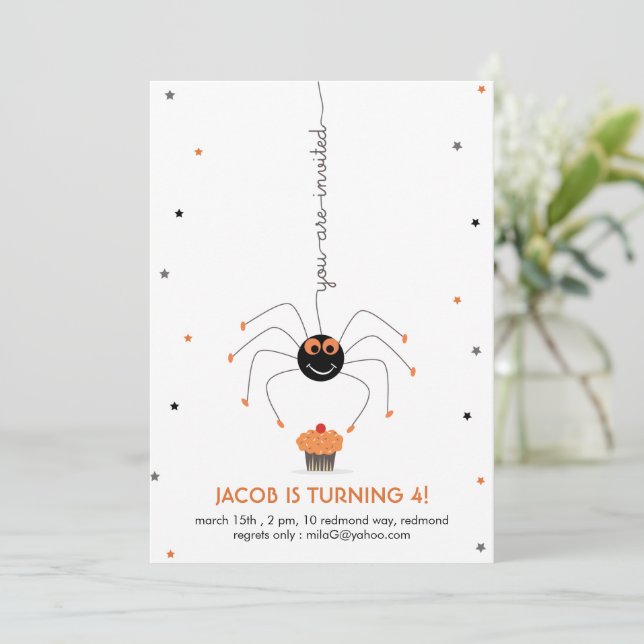 Spider stars and a cupcake Birthday Party white In Invitation (Standing Front)