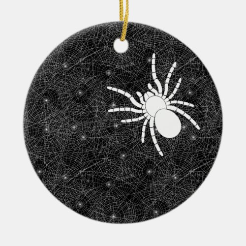 Spider Web and Big White Spider Spooky Halloween Ceramic Ornament