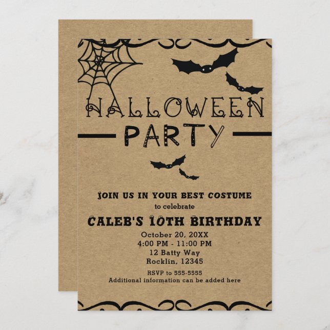 Spider Web & Bats Cute Halloween Costume Party Invitation (Front/Back)