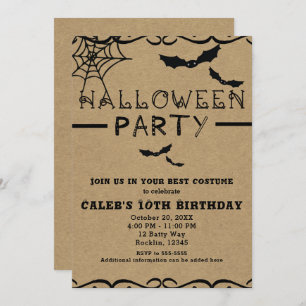 Spider Web & Bats Cute Halloween Costume Party Invitation