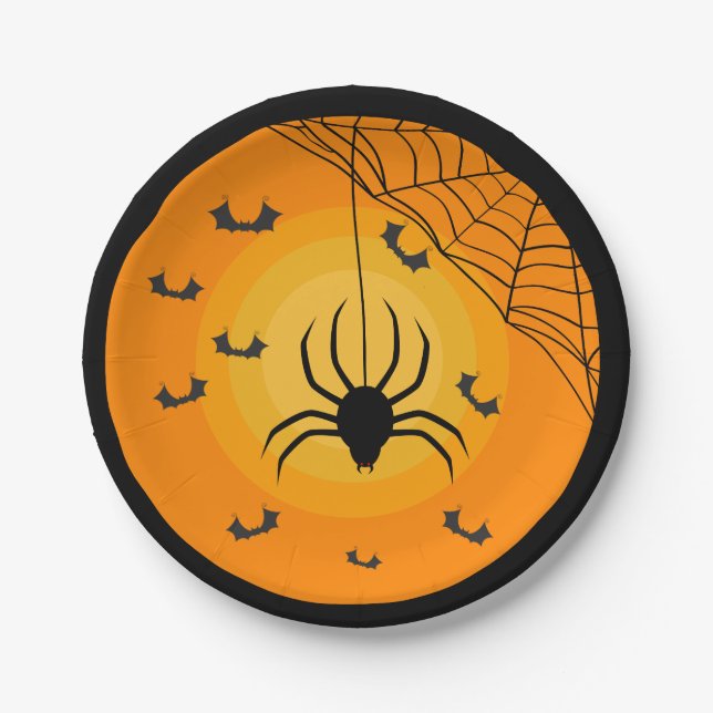 Spider Web Bats Orange Black Kids  Halloween Party Paper Plates (Front)