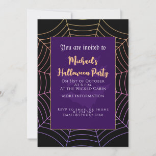 Spider web black purple orange Halloween Invitation