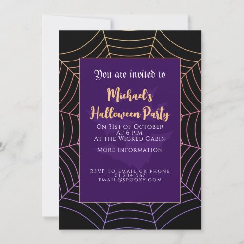 Spider web black purple orange Halloween Invitation