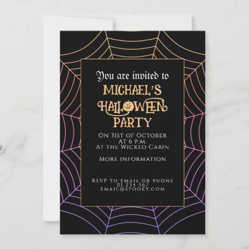 Spider web black purple orange Halloween party Invitation